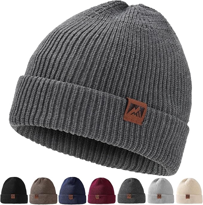 Beanie Mütze Herren Damen - Warme Strickmütze Unisex Dunkelgrau mit Lederpatch