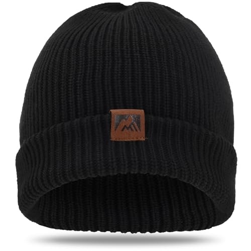 Produktbild: ricema Beanie Mütze für Herren & Damen, warme Strickmütze mit Fleecefutter, Schwarz