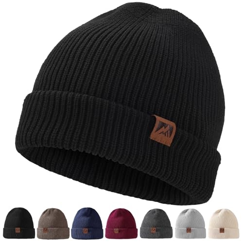 ricema beanie mütze unisex schwarz - warme strickmütze mit lederpatch und fleecefutter