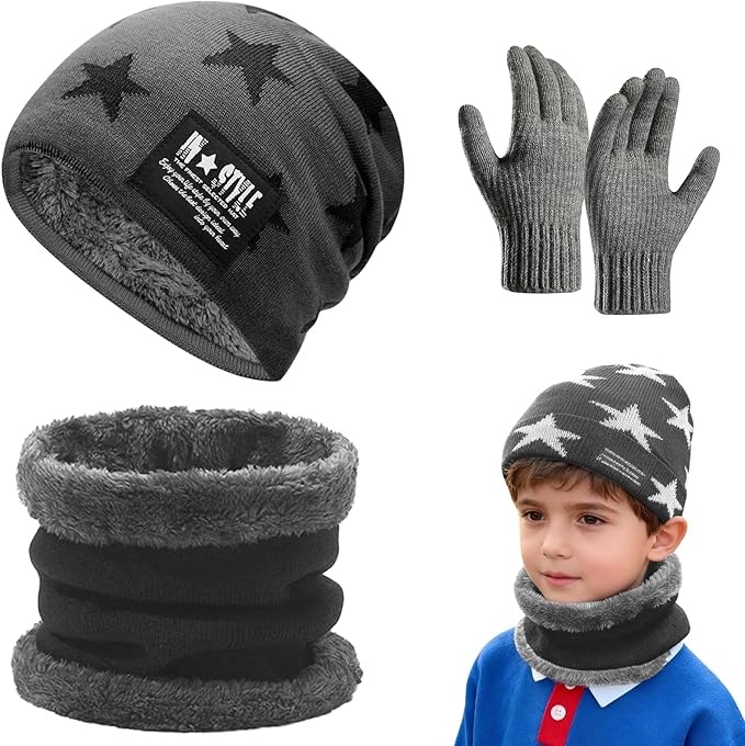Produktbild: Mütze, Schal und Handschuhe Set für Kinder, Grau, Warm, Jungen und Mädchen