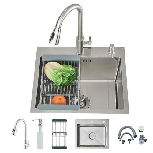 Multifunktionale Küchenspüle 50x45 cm, ausziehbarer Wasserhahn, Seifenspender, gebürstet