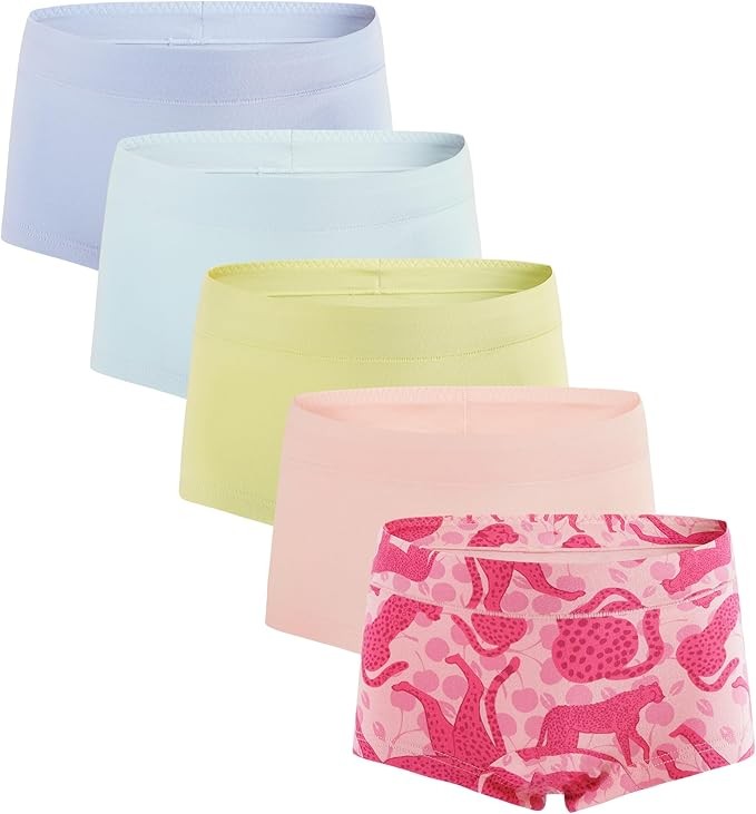 INNERSY Mädchen Boxershorts Baumwolle 5er Pack (12-14 Jahre, 1 Leopard/4 Macaron)