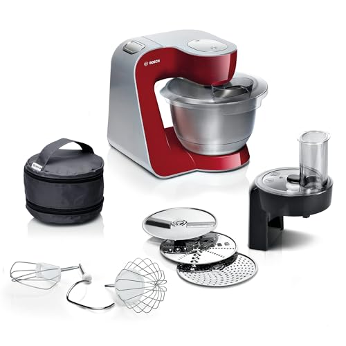 bosch küchenmaschine serie 4 mit edelstahl-schüssel, 3 rührwerkzeuge, 1000 w, rot