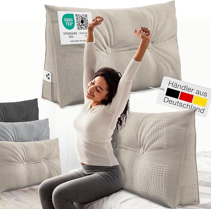 Rückenkissen 70 cm breit, dreieckiges Keilkissen für Bett und Sofa, abnehmbarer Bezug