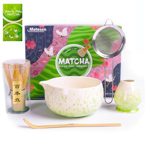 Matesen matcha set 5-teilig, matcha besen set für anfänger, tee set mit chawan, sieb