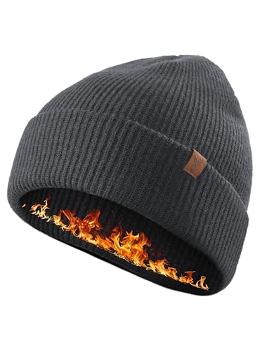Merino Wollmütze Unisex für Herren und Damen, Doppelte warme Schichten, Dunkelgrau