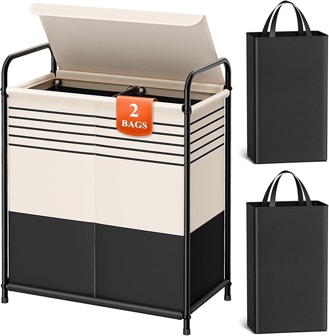 Kitsure Wäschekorb mit Deckel, 2 Fächer, 63 x 32 x 72 cm, Wäschesammler