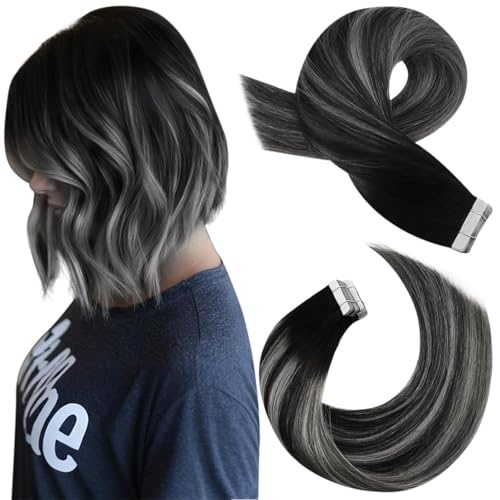 Produktbild: Echthaar Tape Extensions Schwarz Silber Balayage 30 cm 20 Stück 30g Seidig Glatt