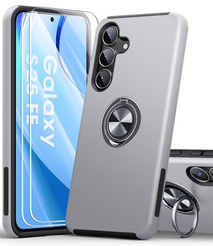 aouia samsung galaxy s25 fe hülle mit 2 panzergläsern und ring kickstand, silber