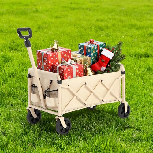 faltbarer bollerwagen 70l 60kg tragkraft, stabiler handwagen mit seitentasche, beige