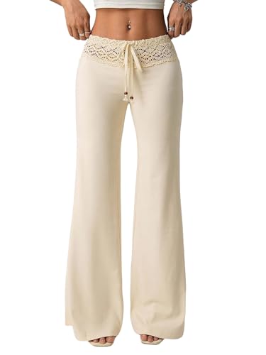 gorglitter damen hosen elegante freizeithose mit spitze elastischer bund beige L