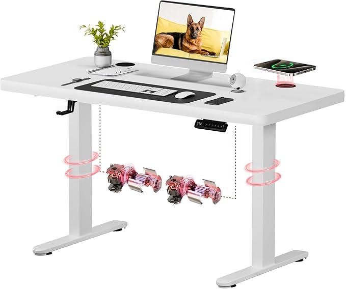 Höhenverstellbarer Schreibtisch 110x54 cm, kabelloses Laden, Dualmotor, Weiß