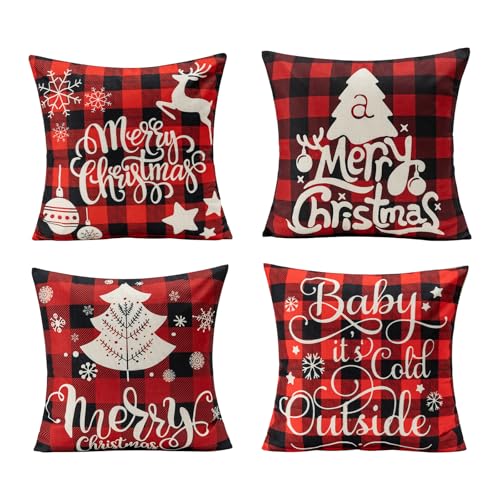 weihnachten kissenbezug 45x45 cm 4er set leinen schneemann rentier dekokissen couch sofa bett winterdeko