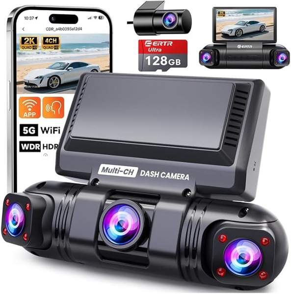360 Dashcam Auto, 4-Kanal Wireless 2K, 2K+1080P, Wi-Fi, G-Sensor, 128GB SD-Karte