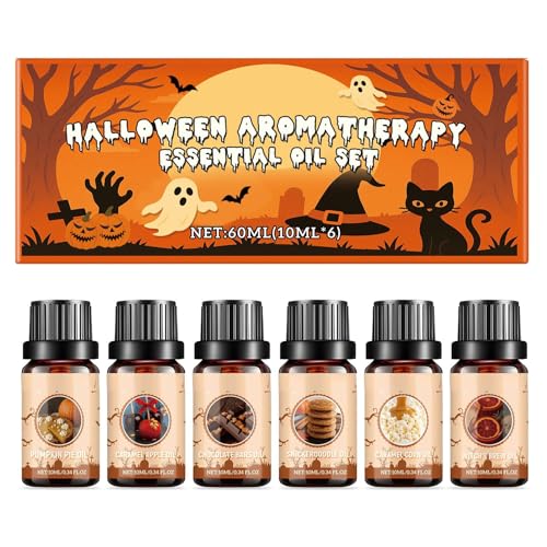 ätherische öle set halloween für öldiffusoren, 6x10ml - kürbiskuchen, karamelläpfel, schokoriegel, zimtplätzchen, popcorn, hexengebräu