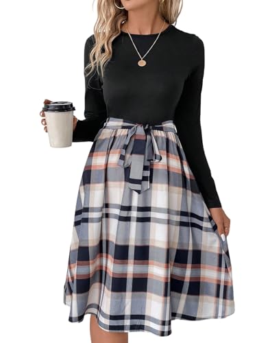 Kleid Damen Knielang Patchwork Midikleid Langarm Rundhals mit Gürtel Schwarz L
