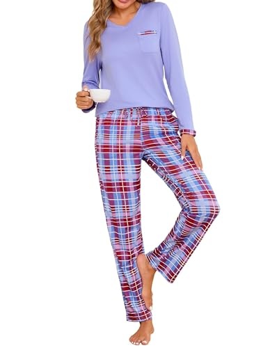 jahetuul damen pyjama baumwolle v-ausschnitt langarm zweiteiler karomuster lange hose