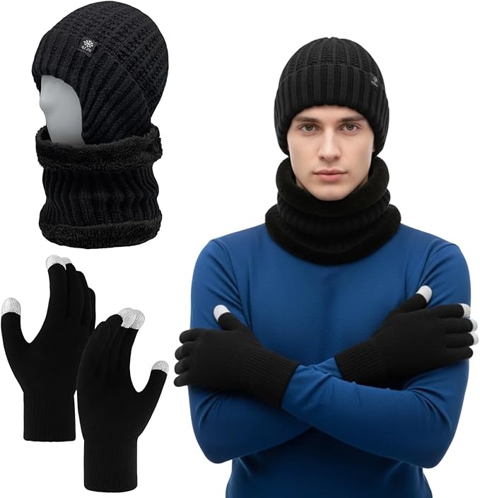 mütze schal set mit touchscreen-handschuhen, warme strickmütze für herren und damen