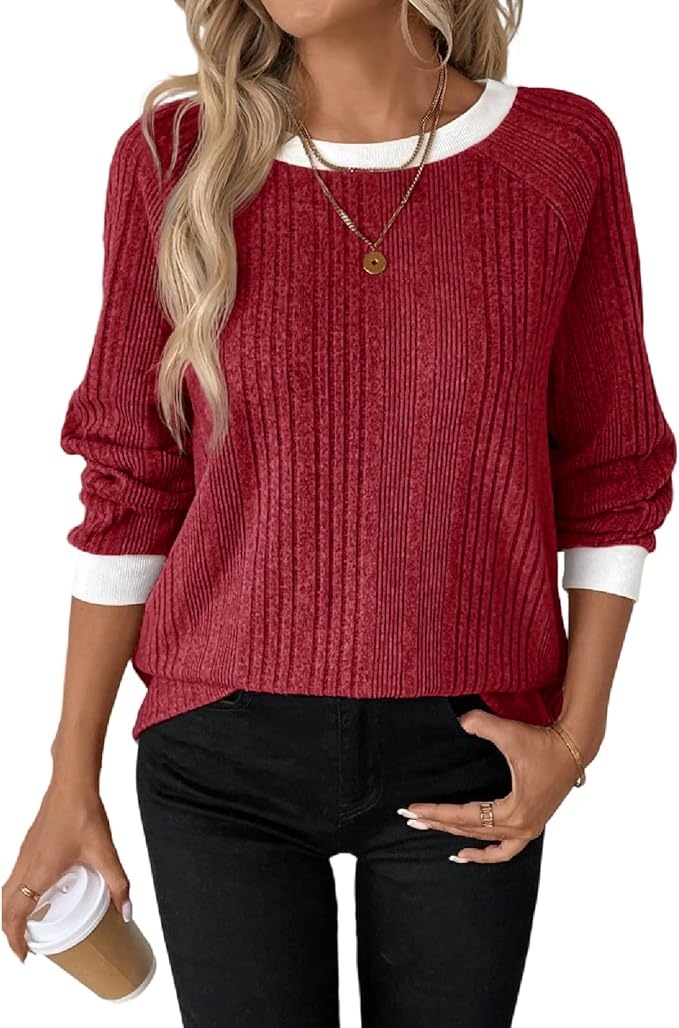 Pullover Damen Langarm Rundhals Strickpullover Herbst Winter Casual Loose Rotwein