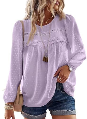Langarmshirt Damen Boho Violett XL Rundhals Bluse Spitze Herbst Frühling Casual