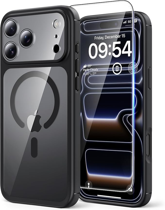 iPhone 17 Pro Hülle 6,3" mit Panzer Glas, MagSafe kompatibel, Kameraschutz - Schwarz