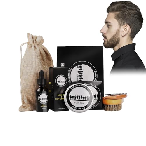 Bartpflege Set Männer, 6-in-1 mit Bartöl, Balsam, Kamm, Schere, Tasche