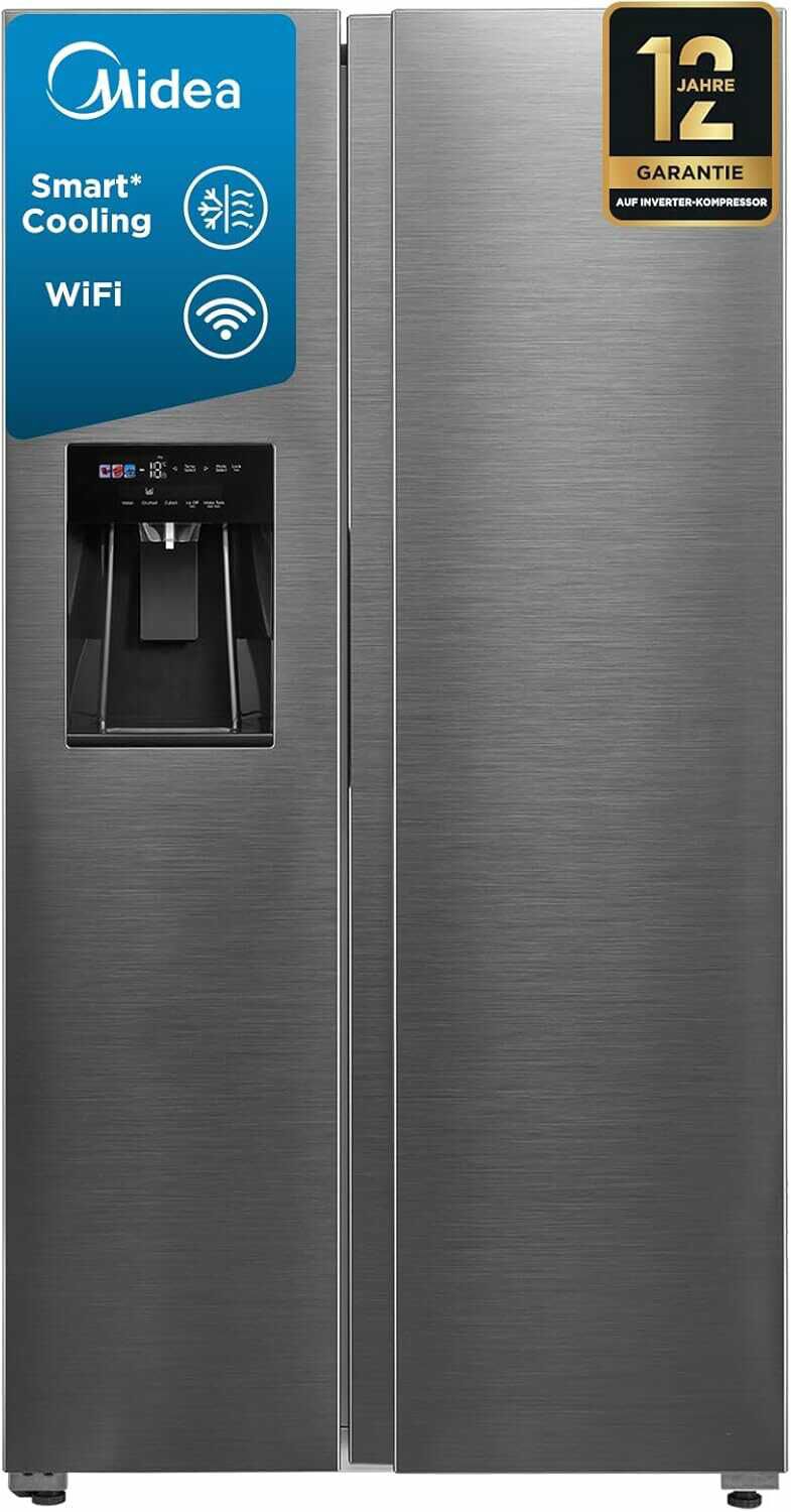 midea side by side kühlschrank 569 l no frost edelstahl 3-in-1 wasserspender dual cooling