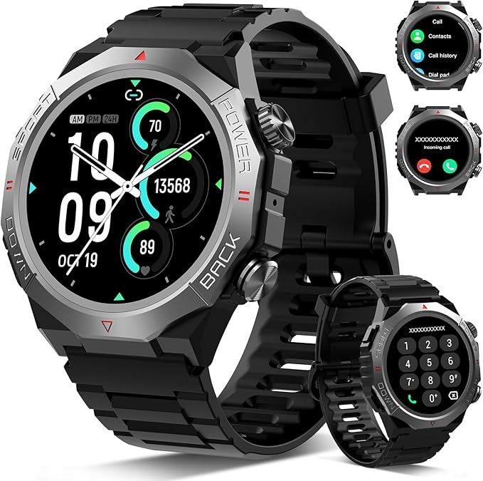 militär smartwatch mit telefonfunktion, 1,39" touchscreen, herzfrequenzmonitor, ip68, 110 sportmodi, schwarz