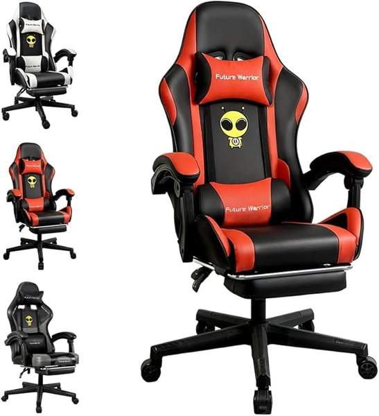 Ergonomischer Gaming-Stuhl mit Fußstütze und Kopfstütze, Schwarz-Rot