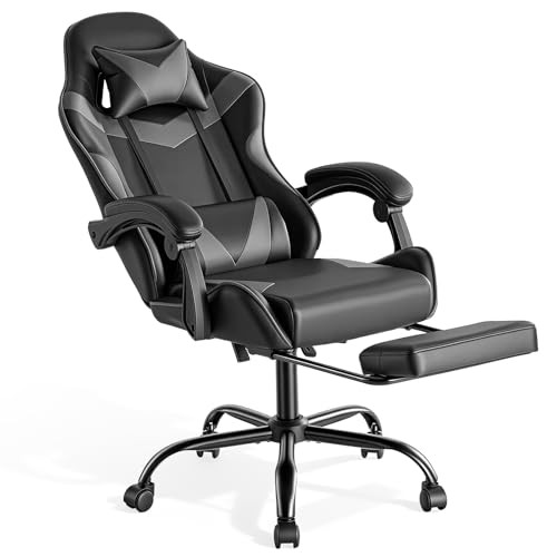 Gaming Stuhl mit Fußstütze, Kopfstütze und Lendenwirbelstütze, Ergonomisch