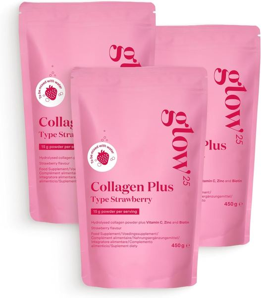 Collagen Plus Erdbeere 3x450g Kollagen Hydrolysat mit Vitamin C, Zink, Biotin