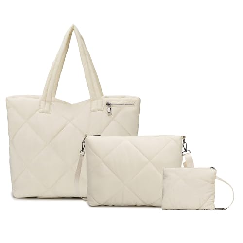 Puffer Shopper Damen Handtasche, 3-teiliges Set Tote Bag mit Magnetverschluss