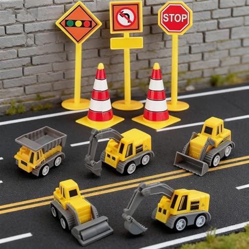 baustellenfahrzeuge set 10 stück mini bagger kuchendeko mit verkehrsschildern baufloette