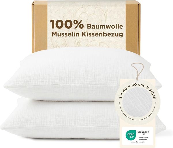 Musselin Kissenbezüge 2er-Set (40x80 cm, 100 % Baumwolle, Weiß)
