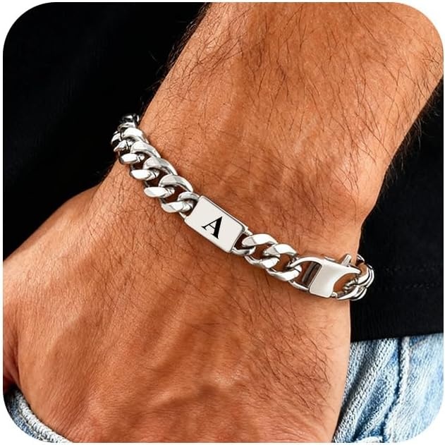 herren armband edelstahl panzerkette buchstabe silber kubanische armbänder für männer, geschenk für papa, sohn, enkel, bruder