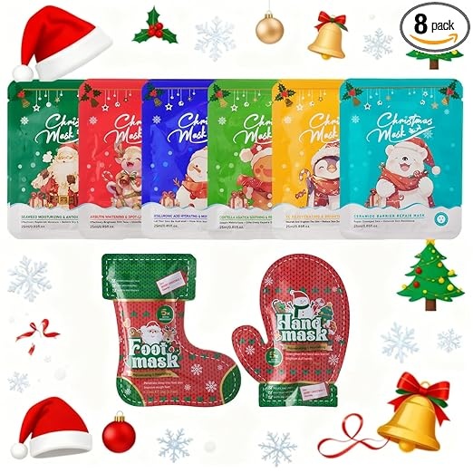 Weihnachts Gesichtsmasken Set 8 Stück - Gesichts-, Hand- & Fußmaske für Frauen