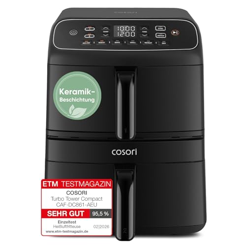 COSORI Heißluftfritteuse 8,6L Doppelkammer Turbo Tower mit Keramikbeschichtung
