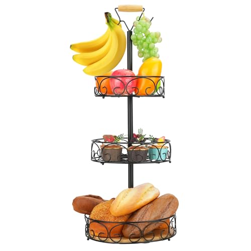 Obstkorb Etagere 3 Etagen Schwarz mit Bananenhalter - Metall Obstaufbewahrung
