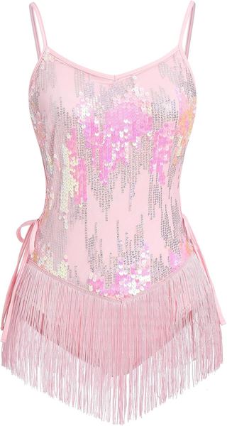 Damen Bodysuit Latein Tanz Pailletten Fransen Rosa Lace Up Leotard S