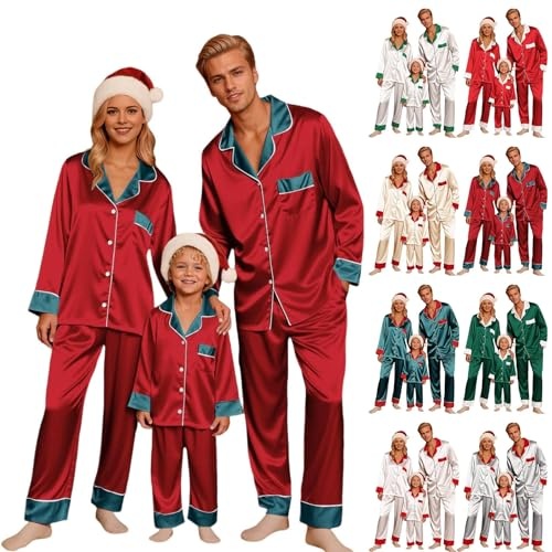 familien outfit weihnachten, weihnachtspyjama set, matching pyjamas satin 2025