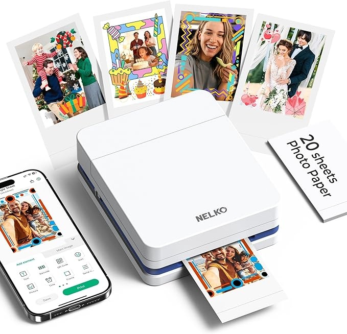 Nelko Fotodrucker PP01, Tragbarer Mini Fotodrucker für iOS & Android, 20 Fotopapier