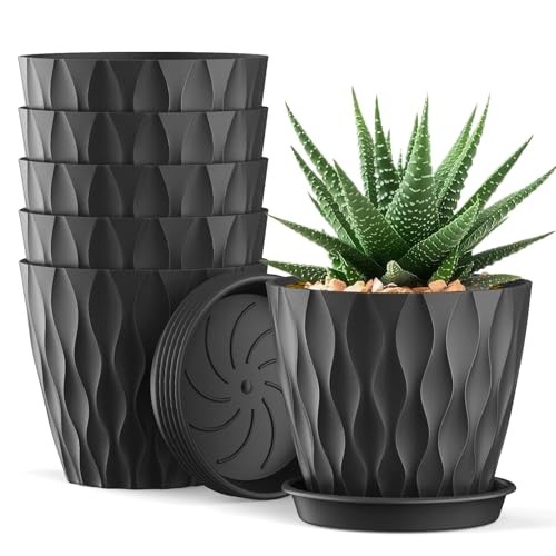 Blumentöpfe 10cm 6er Set  Waffelmuster, Plastik mit Löchern, Schwarz für Sukkulenten