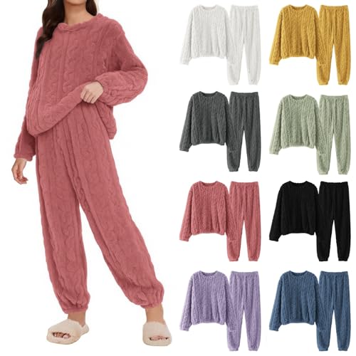 schlafeanzug damen lang pyjama set fleece warm plüsch loungewear langarm thermohose