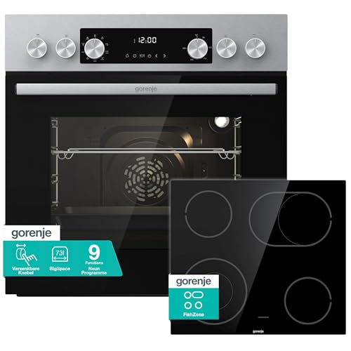 Gorenje Einbau-Herd-Set Inox mit Glaskeramik-Kochfeld, Heißluft, 73L, 9 Funktionen