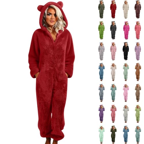 jumpsuit damen winter flauschig einteiler fleece overall pyjama mit kapuze bärenohren
