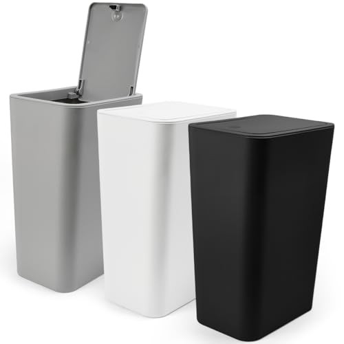 Mülleimer 3er Set 10L Pop-Up-Deckel Abfallkorb Schmal geruchsdicht (Schwarz, Weiß, Grau)