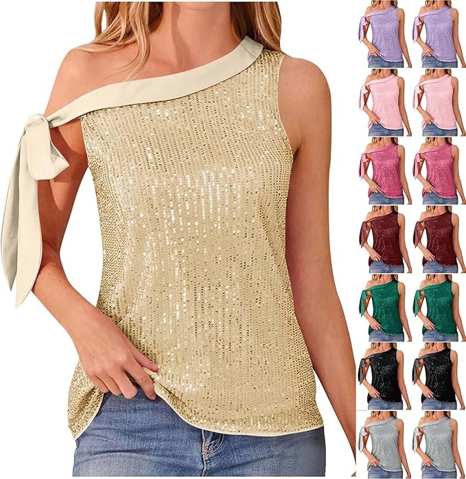 Produktbild: glitzer tank top damen asymmetrisch, gefüttert bluse, party club disco, khaki, kodmnsw
