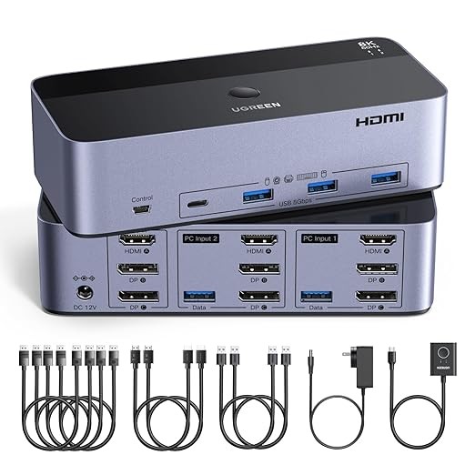 UGREEN KVM Switch HDMI Displayport 8K60Hz für 2 PCs & 3 Monitore, 4 USB 3.0 Ports