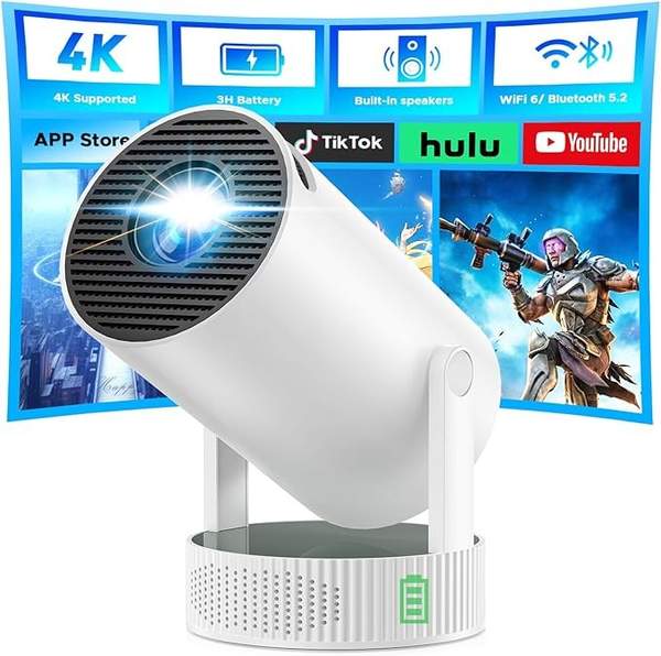 4K Mini Beamer, Akku, Android 11, WiFi 6, Bluetooth 5.2, 220 Rotation, tragbar