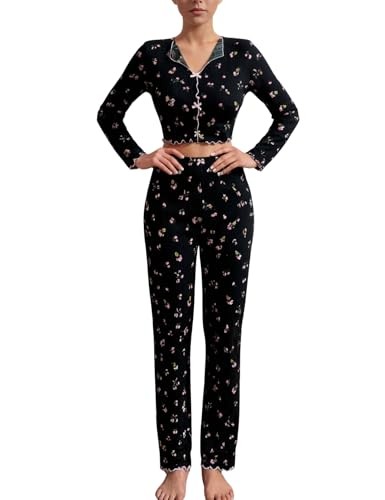 Damen Langarm Pyjama Set 2 Stück V-Ausschnitt Top + Hochtaillierte Hose Schwarz